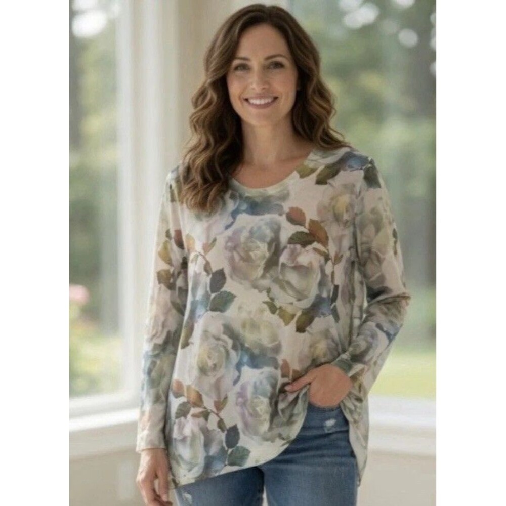 Soft Surroundings Shirt Women's Light Multi Color Floral Long Sleeve, Size XL